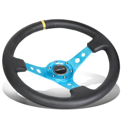 NRG Innovations - Steering Wheel - 350mm Diameter 3 Deep Dish - New Blue Spoke Leather Grip W Center Mark - 1