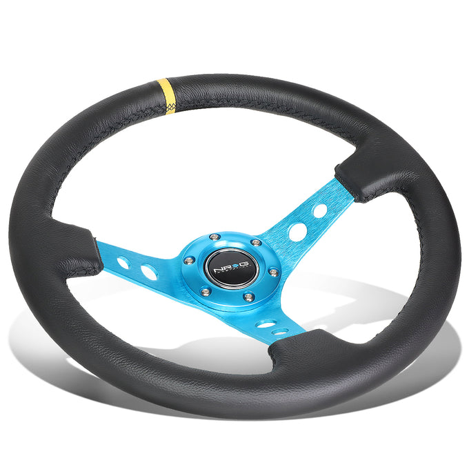 NRG Innovations - Steering Wheel - 350mm Diameter 3 Deep Dish - New Blue Spoke Leather Grip W Center Mark - 1