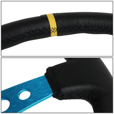 NRG Innovations - Steering Wheel - 350mm Diameter 3 Deep Dish - New Blue Spoke Leather Grip W Center Mark - 3