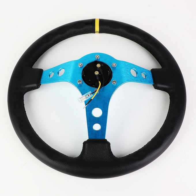 NRG Innovations - Steering Wheel - 350mm Diameter 3 Deep Dish - New Blue Spoke Leather Grip W Center Mark - 5