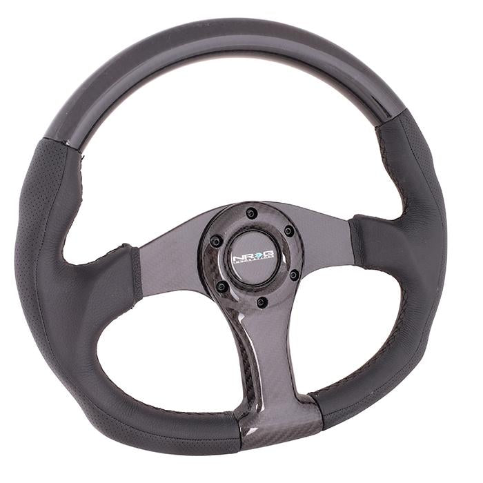 350mm Flat Bottom Carbon Fiber+Leather Grip Steering Wheel<br>Universal