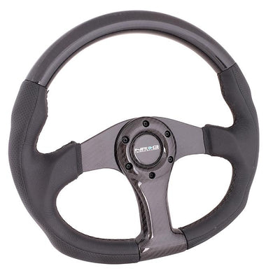 350mm Flat Bottom Carbon Fiber+Leather Grip Steering Wheel<br>Universal