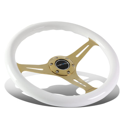 NRG Innovations - Steering Wheel - 350mm Diameter - White Wood Grain Grip Chrome Gold Spoke - W Horn - 1