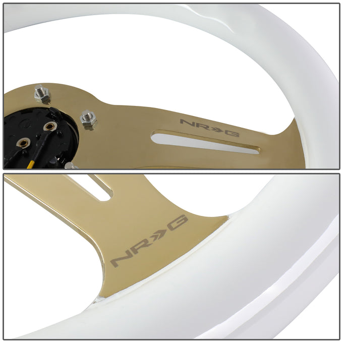 NRG Innovations - Steering Wheel - 350mm Diameter - White Wood Grain Grip Chrome Gold Spoke - W Horn - 4