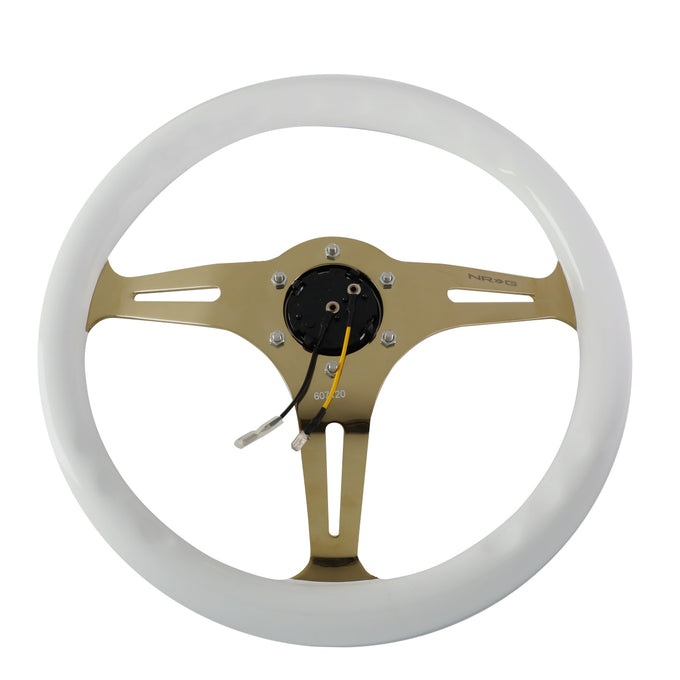 NRG Innovations - Steering Wheel - 350mm Diameter - White Wood Grain Grip Chrome Gold Spoke - W Horn - 5