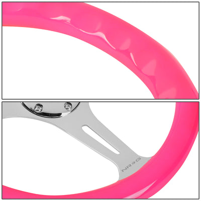 NRG Innovations - Steering Wheel - 350mm Diameter - Neon Pink Wood Grain Grip Chrome Spoke - W Horn - 3