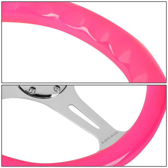 NRG Innovations - Steering Wheel - 350mm Diameter - Neon Pink Wood Grain Grip Chrome Spoke - W Horn - 3