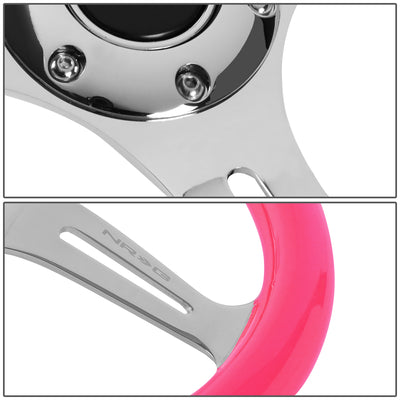 NRG Innovations - Steering Wheel - 350mm Diameter - Neon Pink Wood Grain Grip Chrome Spoke - W Horn - 4