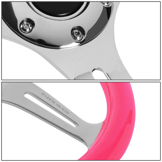 NRG Innovations - Steering Wheel - 350mm Diameter - Neon Pink Wood Grain Grip Chrome Spoke - W Horn - 4