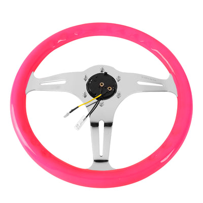 NRG Innovations - Steering Wheel - 350mm Diameter - Neon Pink Wood Grain Grip Chrome Spoke - W Horn - 5