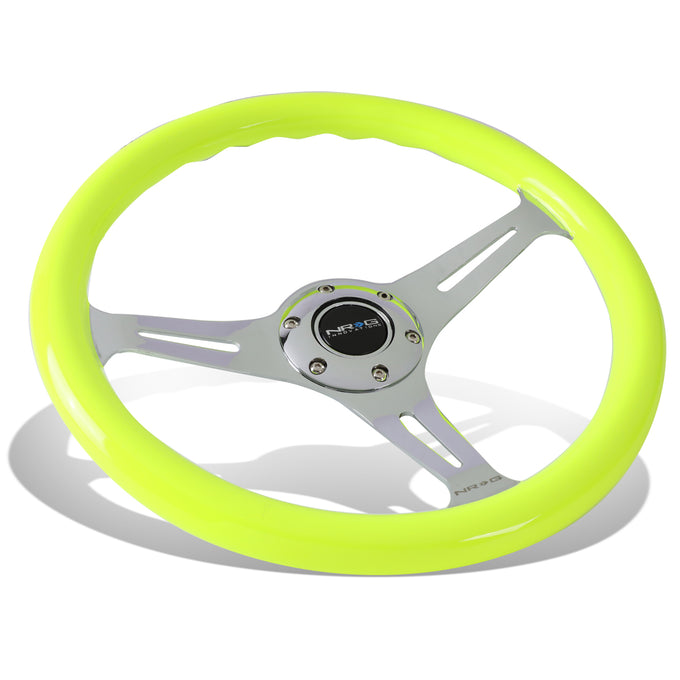 NRG Innovations - Steering Wheel - 350mm Diameter - Neon Yellow Wood Grain Grip Chrome Spoke - W Horn - 1