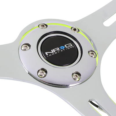 NRG Innovations - Steering Wheel - 350mm Diameter - Neon Yellow Wood Grain Grip Chrome Spoke - W Horn - 2