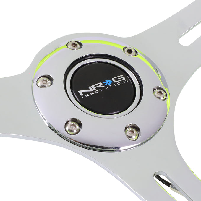 NRG Innovations - Steering Wheel - 350mm Diameter - Neon Yellow Wood Grain Grip Chrome Spoke - W Horn - 2