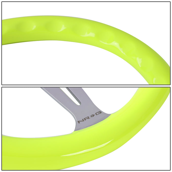 NRG Innovations - Steering Wheel - 350mm Diameter - Neon Yellow Wood Grain Grip Chrome Spoke - W Horn - 3