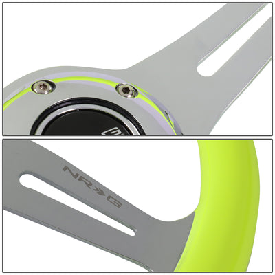 NRG Innovations - Steering Wheel - 350mm Diameter - Neon Yellow Wood Grain Grip Chrome Spoke - W Horn - 4