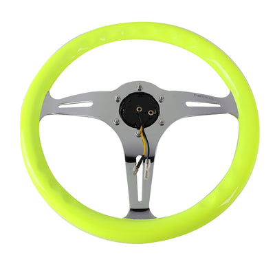 NRG Innovations - Steering Wheel - 350mm Diameter - Neon Yellow Wood Grain Grip Chrome Spoke - W Horn - 5