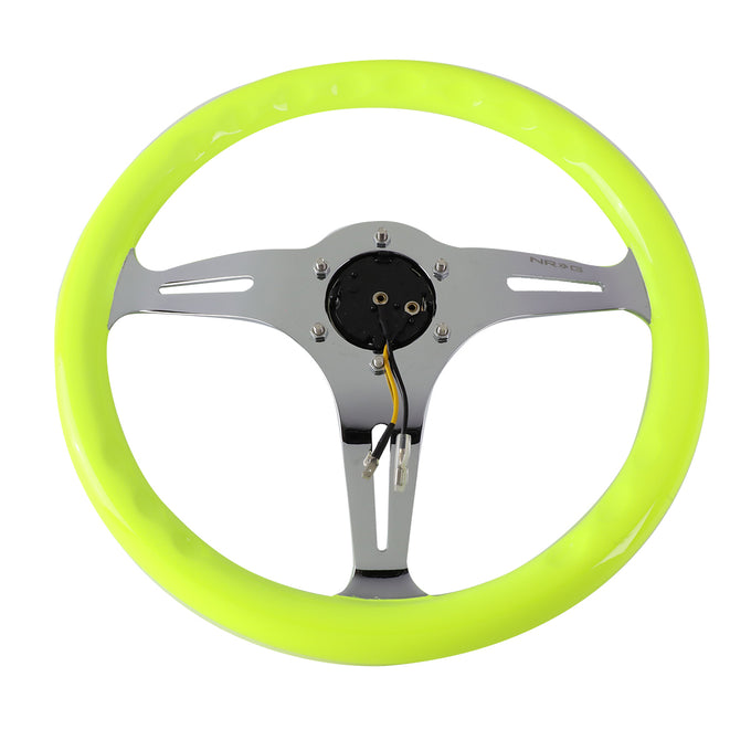 NRG Innovations - Steering Wheel - 350mm Diameter - Neon Yellow Wood Grain Grip Chrome Spoke - W Horn - 5