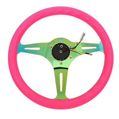 NRG Innovations - Steering Wheel - 350mm - W/Horn Button - Neon Pink Wood Grain Neo Chrome Spoke - 5