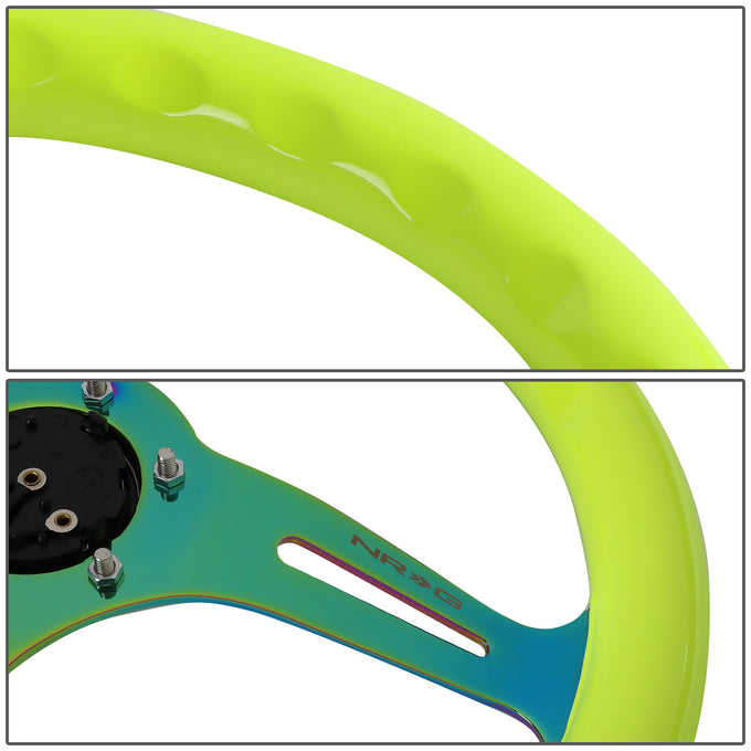 NRG Innovations - Steering Wheel - 350mm Diameter - Neon Yellow Wood Grain Neo Chrome Spoke - W Horn - 4