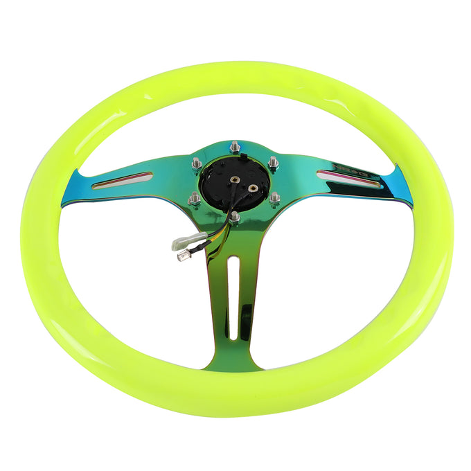 NRG Innovations - Steering Wheel - 350mm Diameter - Neon Yellow Wood Grain Neo Chrome Spoke - W Horn - 5