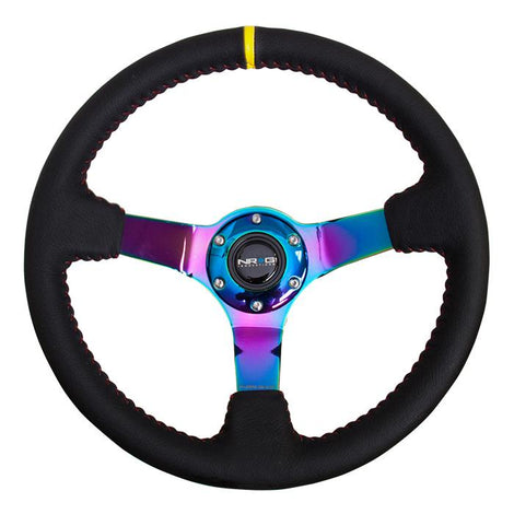 350mm Neochrome Spoke Leather Grip Steering Wheel w/Center Mark<br>Universal