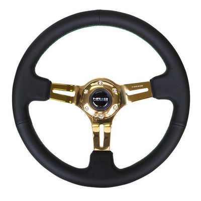 350mm 3 in. Deep Chrome Gold Spoke Leather Steering Wheel<br>Universal