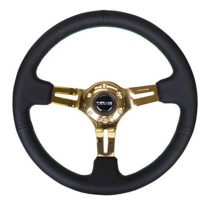 350mm 3 in. Deep Chrome Gold Spoke Leather Steering Wheel<br>Universal