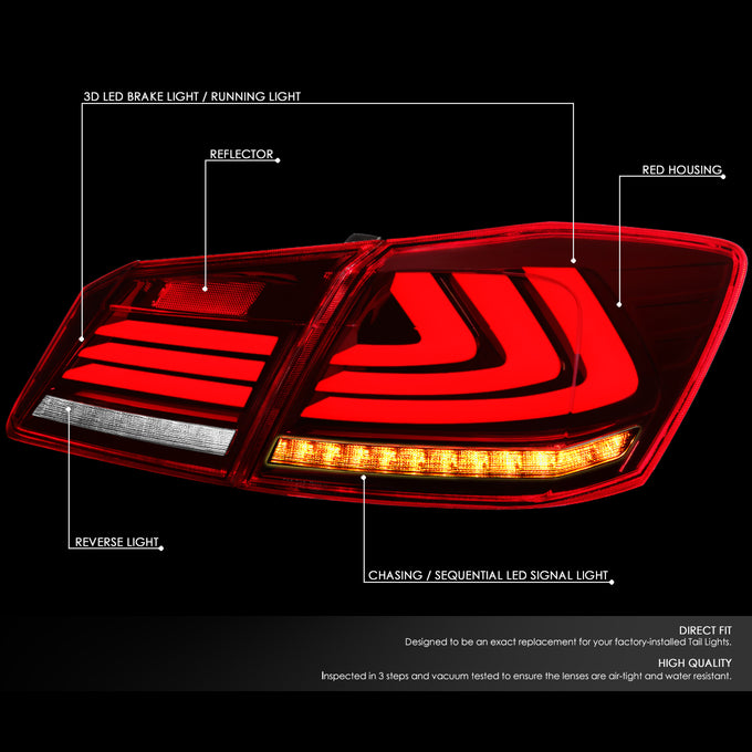 D-Motoring - Tail Lights - LED Turn Signal+3D Bar - Red Lens - Plug-n-Play - Pair - 13-15 Honda Accord 4-Dr Sedan - 2