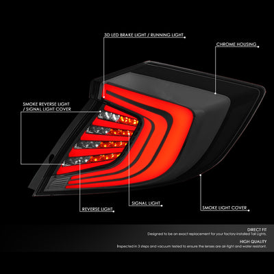 D-Motoring - 16-18 Honda Civic 4-Dr Sedan Tail Lights - 3D LED Bar - Smoked Clear Lens - Plug-n-play - Pair - 2