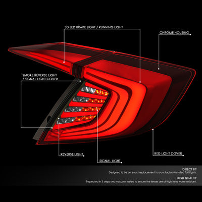 D-Motoring - Tail Lights - 3D LED Bar - Smoked Lens - Plug-n-Play - Pair - 16-18 Honda Civic 4-Dr Sedan - 2