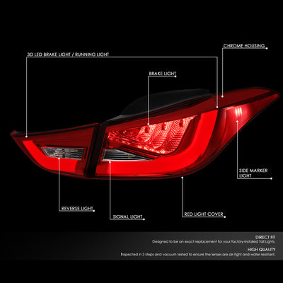 D-Motoring - Tail Lights - 3D LED Bar - Red Lens - Plug-n-Play - Pair - 11-13 Hyundai Elantra Sedan - 2