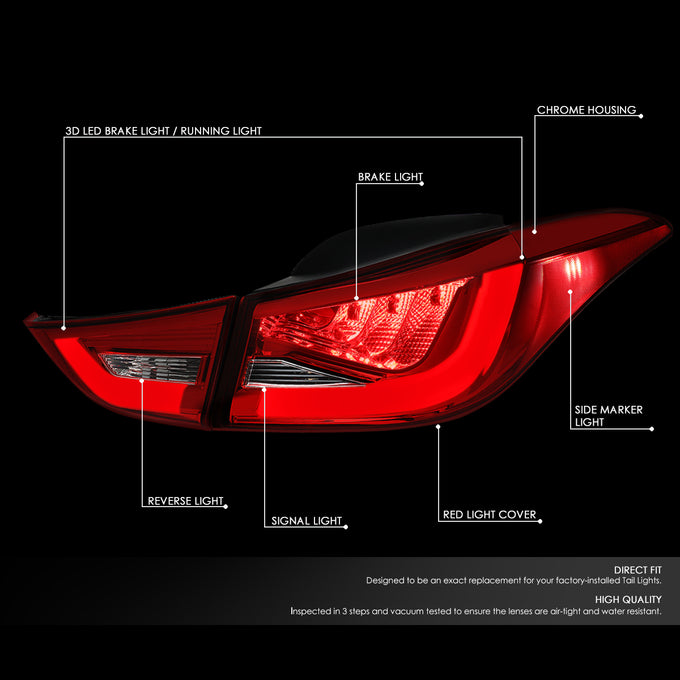 D-Motoring - Tail Lights - 3D LED Bar - Red Lens - Plug-n-Play - Pair - 11-13 Hyundai Elantra Sedan - 2