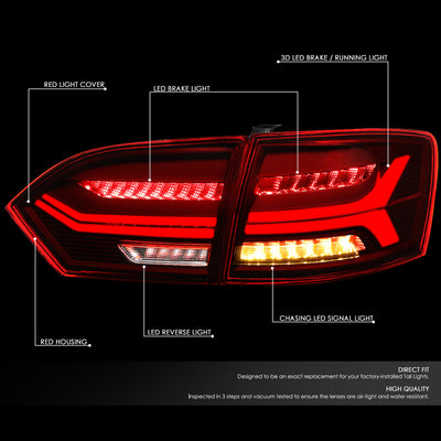D-Motoring - 11-17 Volkswagen Jetta Sedan Tail Lights - Full LED+3D Strip+Chasing Turn Signal - Red / Clear Lens - Plug-n-play - Pair - 2