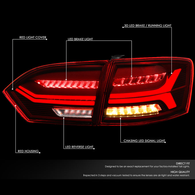 D-Motoring - 11-17 Volkswagen Jetta Sedan Tail Lights - Full LED+3D Strip+Chasing Turn Signal - Red / Clear Lens - Plug-n-play - Pair - 2