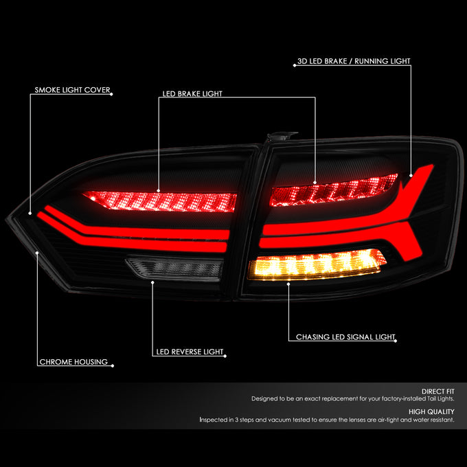 D-Motoring - 11-17 Volkswagen Jetta Sedan Tail Lights - Full LED+3D Strip+Chasing Turn Signal - Smoked Lens - Plug-n-play - Pair - 2