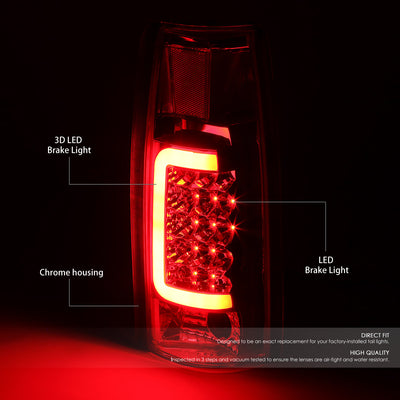 D-Motoring - Tail lights - 3D LED Red Bar - Chrome Housing - Clear Lens - Plug-n-Play - Pair - Cadillac Escalade / C(K)1500 / C(K)2500 / C(K)3500 / Suburban / Tahoe - 2