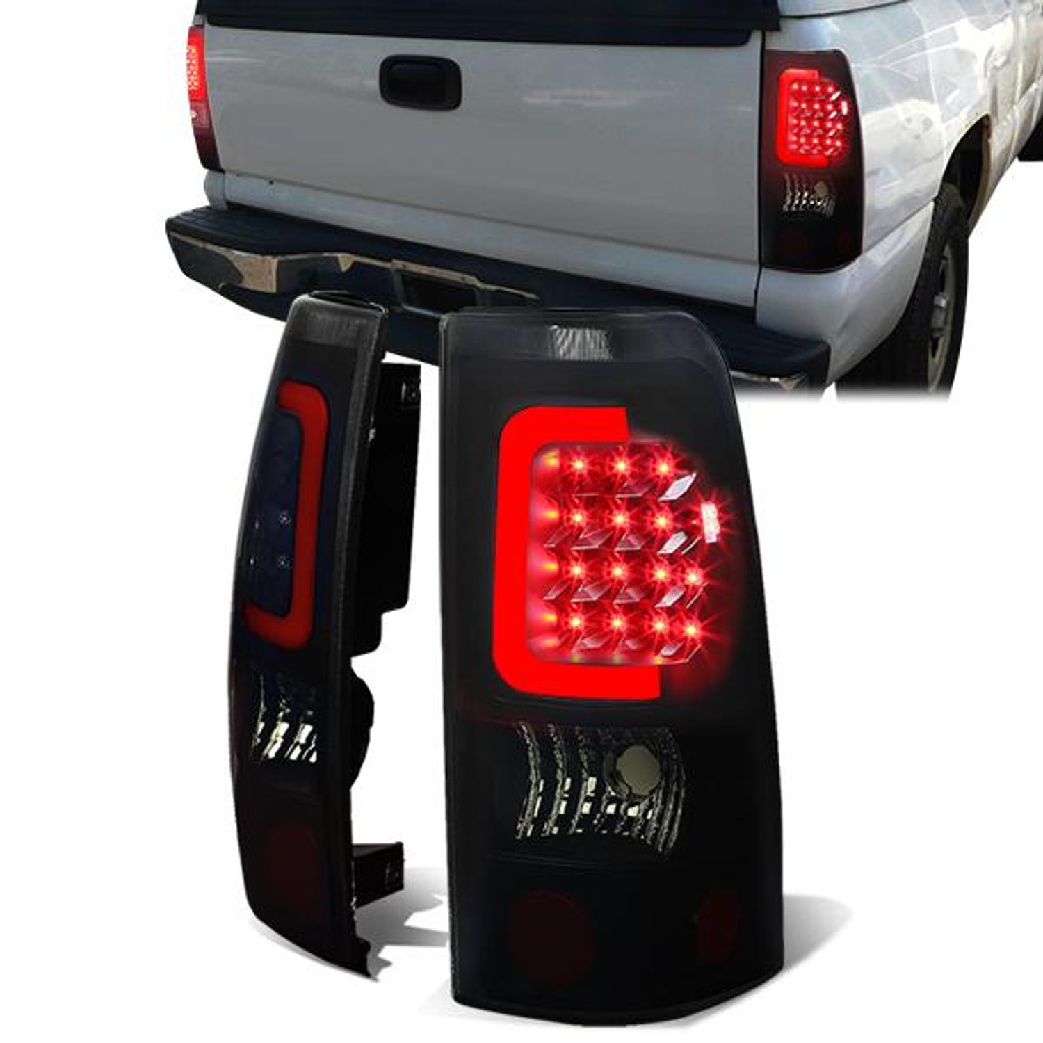 LED Red C-Bar Tail Lights(Tinted)<br>99-03 Silverado Sierra 1500 2500 3500