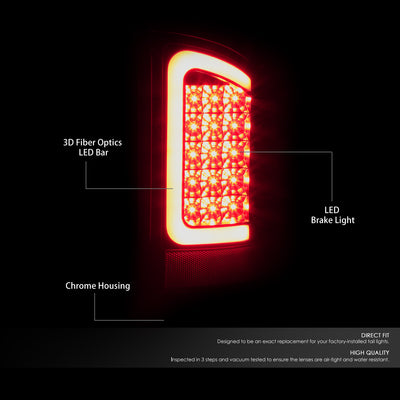 D-Motoring - Tail lights - 3D LED Red C-Bar - Chrome Housing - Clear lens - Plug-n-Play - Pair - Dodge Ram 1500 / 2500 / 3500 - 2