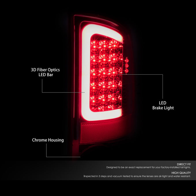 D-Motoring - Tail lights - 3D LED Red C-Bar - Chrome Housing - Clear lens - Plug-n-Play - Pair - Dodge Ram 1500 / 2500 / 3500 - 2