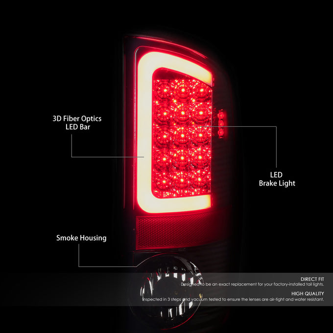 D-Motoring - Tail lights - 3D LED Red C-Bar - Chrome Housing - Smoked Lens - Plug-n-Play - Pair - Dodge Ram 1500 / 2500 / 3500 - 2