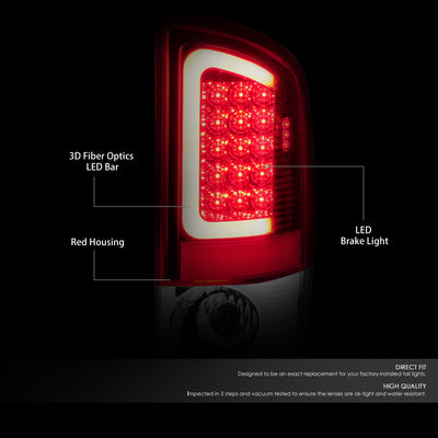 D-Motoring - Tail lights - 3D LED Red Bar - Chrome Housing - Red Lens - Plug-n-Play - Pair - Dodge Ram 1500 / 2500 / 3500 - 2