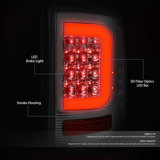 D-Motoring - Tail lights - C-Shape 3D LED - Chrome Housing - Smoked Lens - Plug-n-Play - Pair - Dodge Ram 1500 / 2500 / 3500 - 2