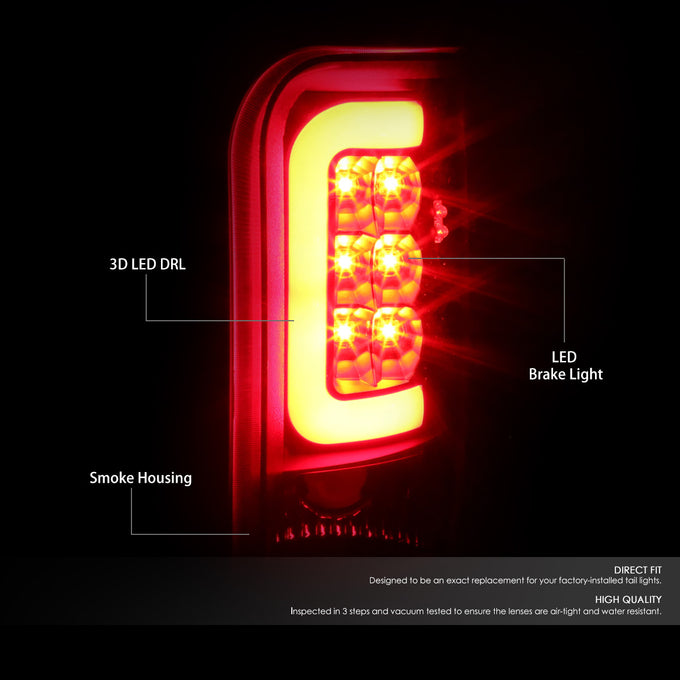 D-Motoring - Tail lights - 3D LED Red C-Bar - Black Housing - Smoked Lens - Plug-n-Play - Pair - Dodge RAM 1500 / 2500 / 3500 - 2
