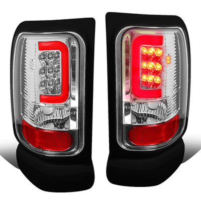 D-Motoring - Tail lights - 3D LED Red C-Bar - Chrome Housing - Clear Lens - Plug-n-Play - Pair - Dodge RAM 1500 / 2500 / 3500 - 1