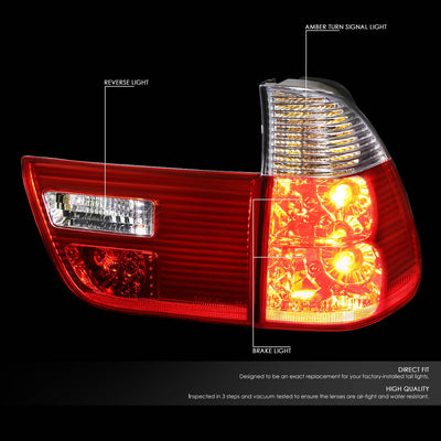 D-Motoring - Tail lights - Chrome Housing - Red Clear Lens - Plug-n-Play - Pair - 2000-2006 BMW X5 - 2