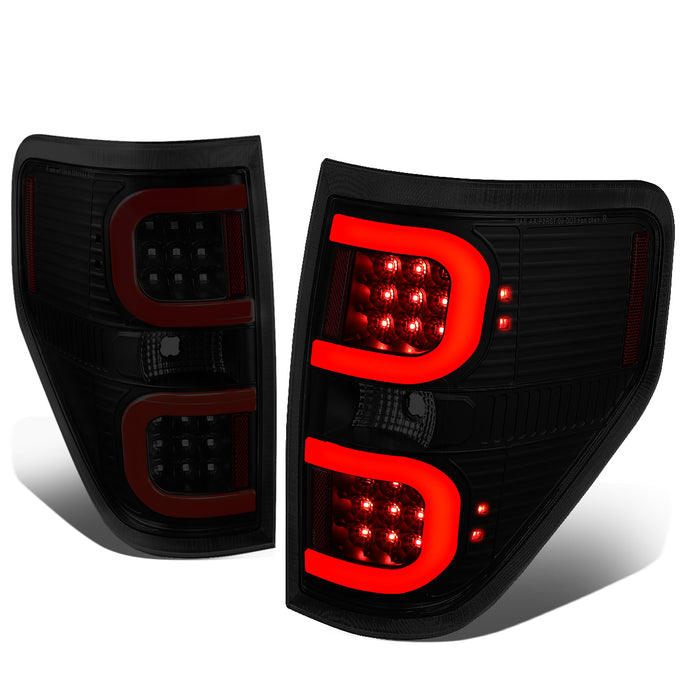 D-Motoring - Tail lights - Dual Red LED C-Bar - Black Housing - Smoked Lens - Plug-n-Play - Pair - 09-14 Ford F-150 - 1