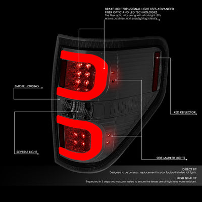 D-Motoring - Tail lights - Dual Red LED C-Bar - Chrome Housing - Smoked Lens - Plug-n-Play - Pair - 09-14 Ford F-150 - 2