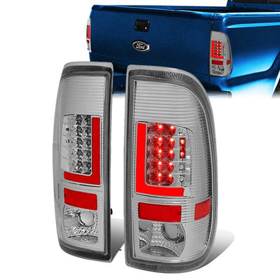 Red LED L-Bar Tail Lights (Clear)<br>97-07 Ford F250-F550 Super Duty