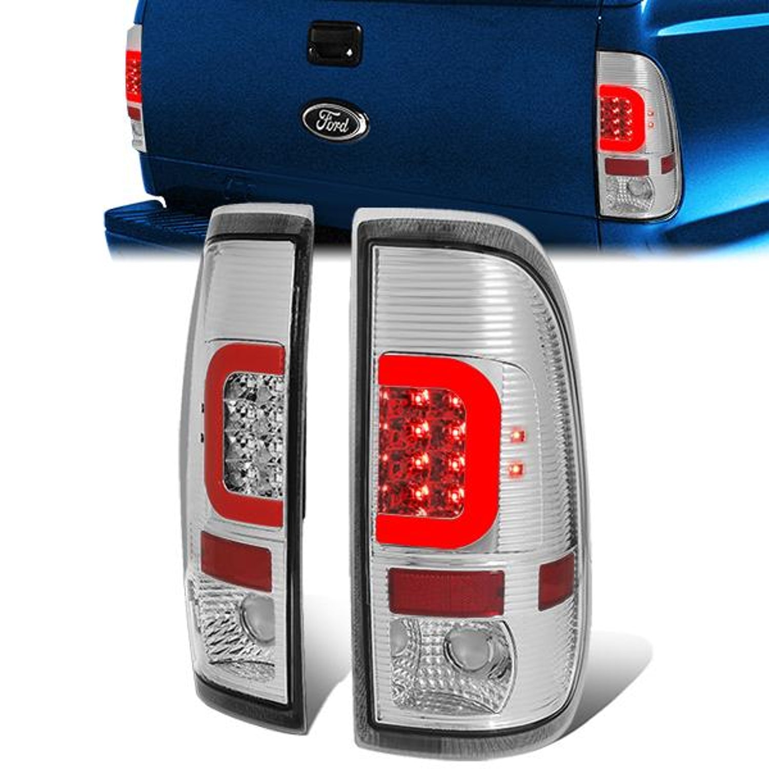 Red LED C-Bar Tail Lights (Clear)<br>97-07 Ford F250-F550 Super Duty