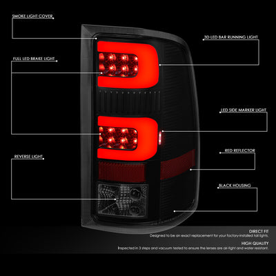 D-Motoring - Tail Lights - 3D LED C-Shape - Black Housing - Smoked Lens - Plug-n-play - Pair - GMC Sierra 1500 2500HD 3500HD - 2
